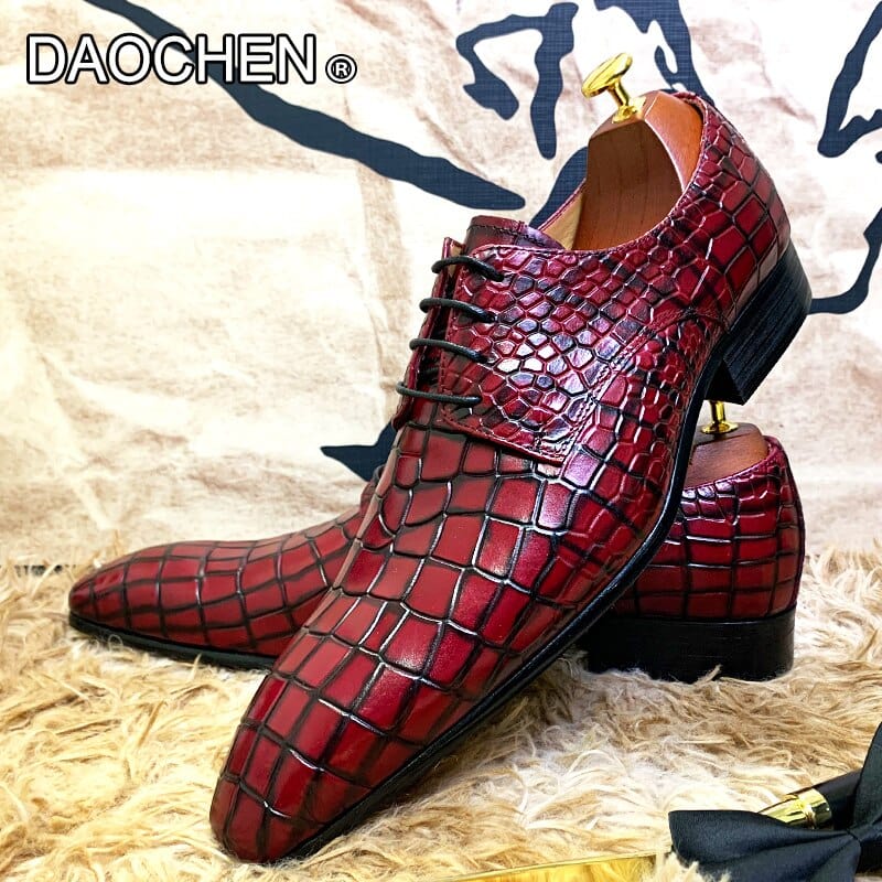 Men's Red Black Printed Leather Pointed Derby Oxford Dress Shoes