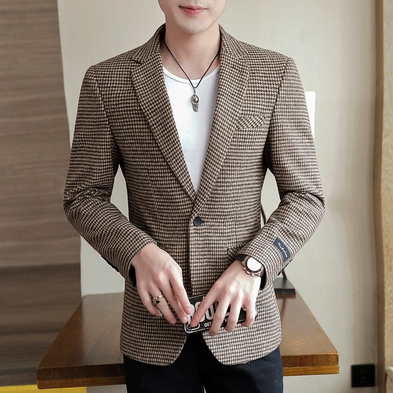 Men's Plaid Print Slim Fit Blazer Coat