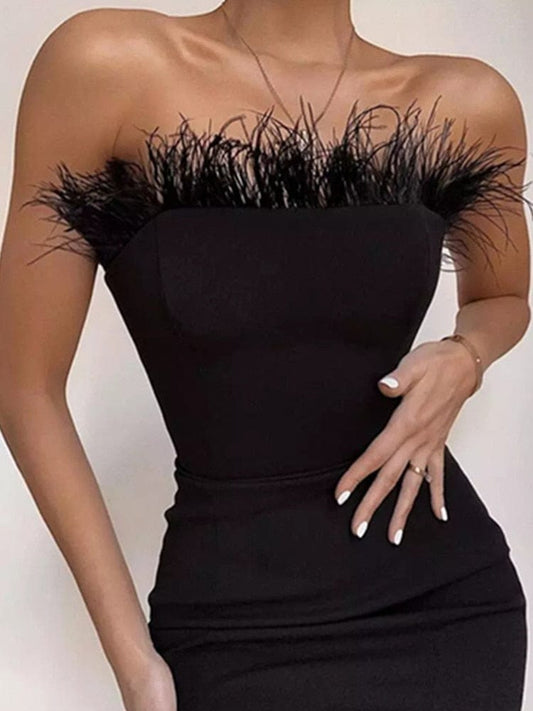Women's Strapless Backless Feather Black Midi Bandage Dress