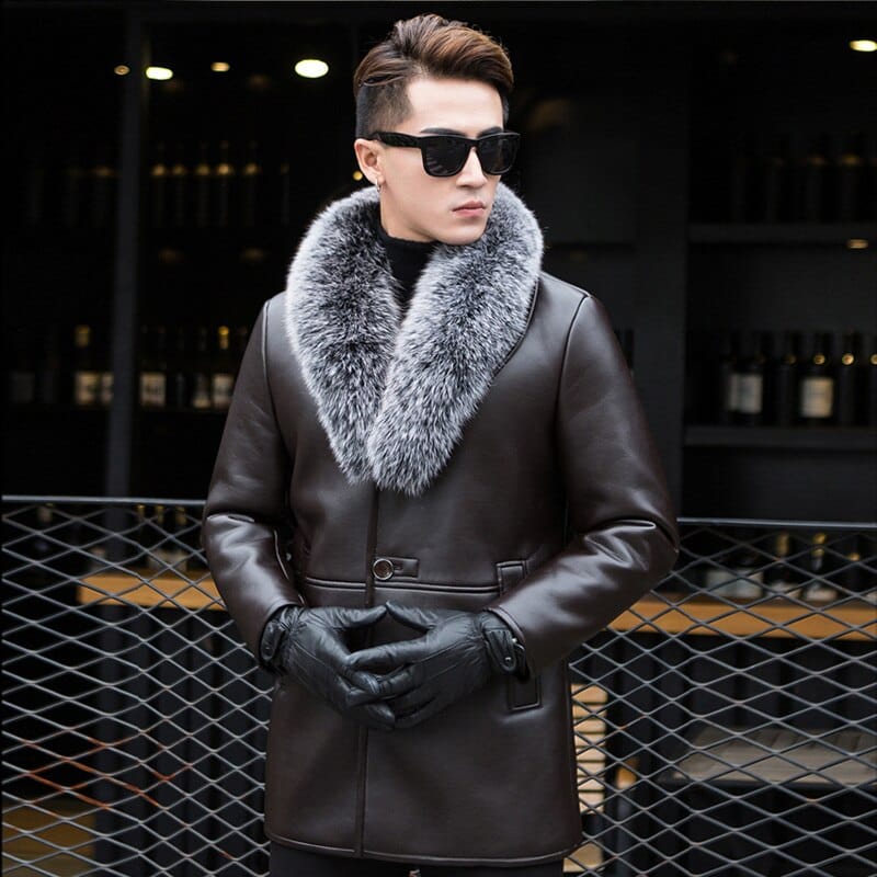 Men's Shearling Leather Long Coat with Faux Fur Collar