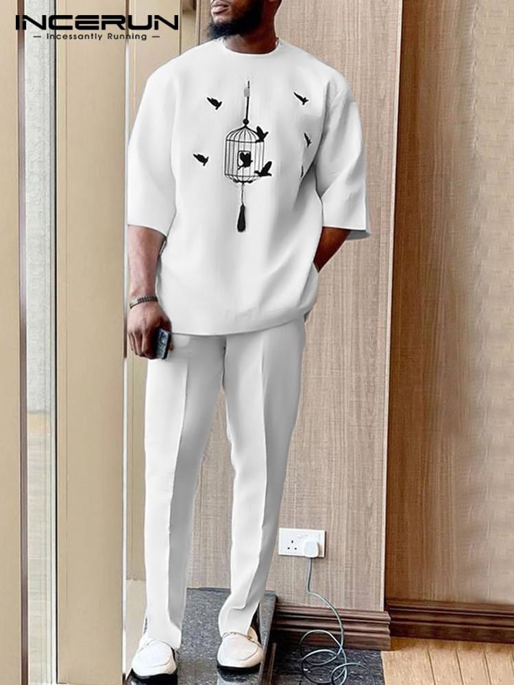 Men's Print Short Sleeve Shirt and Pants Holiday Two-Piece Set