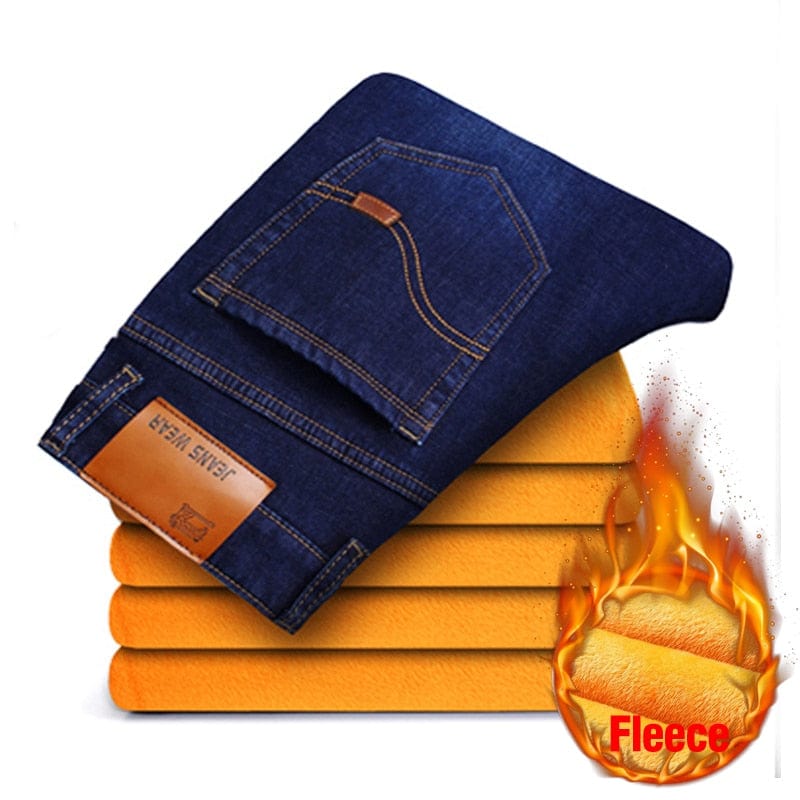 Men's Winter Warm Thick Slim Stretch Denim Jeans, Plus Size 38-40