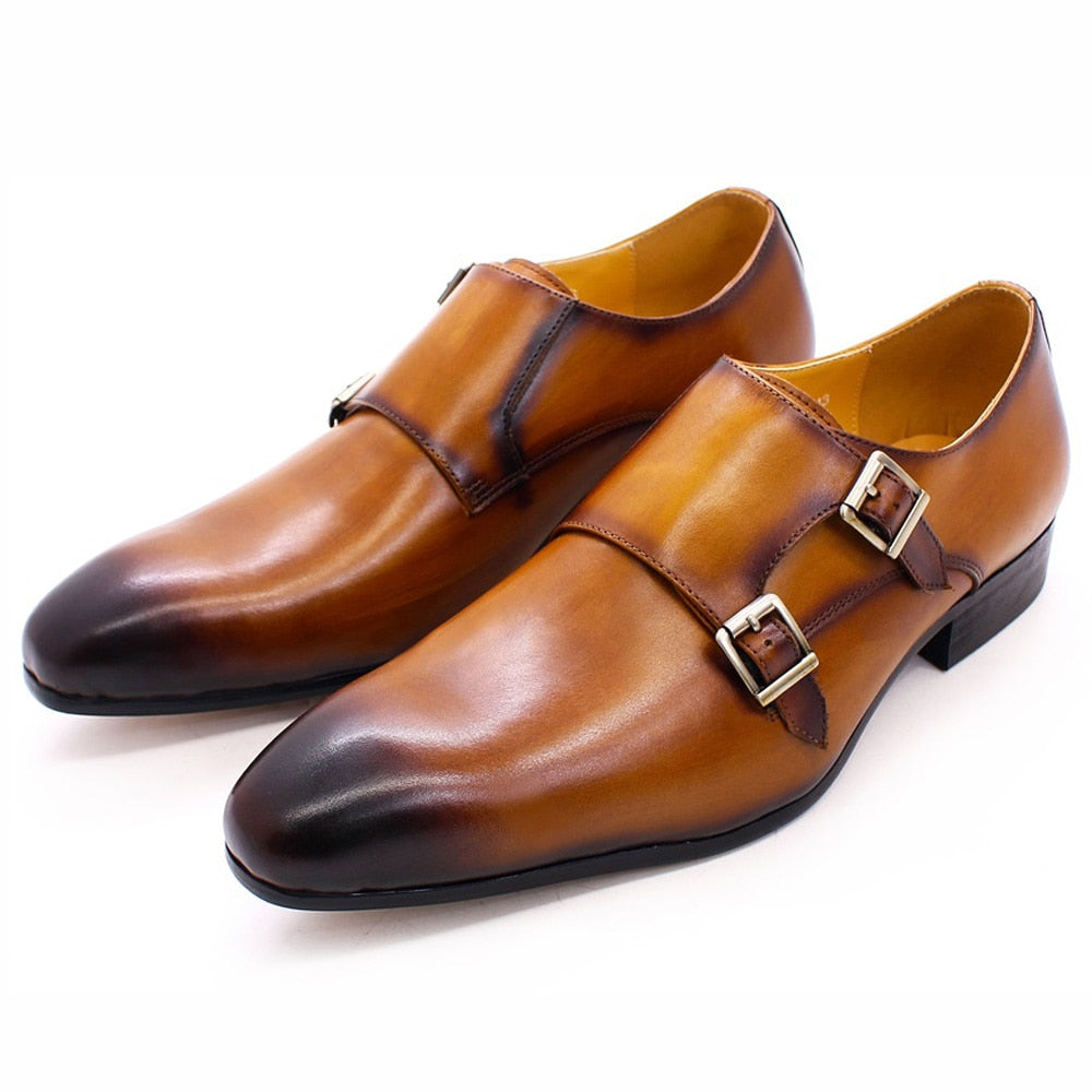 Men's Calf Leather Double Buckle Monk Strap Dress Shoes