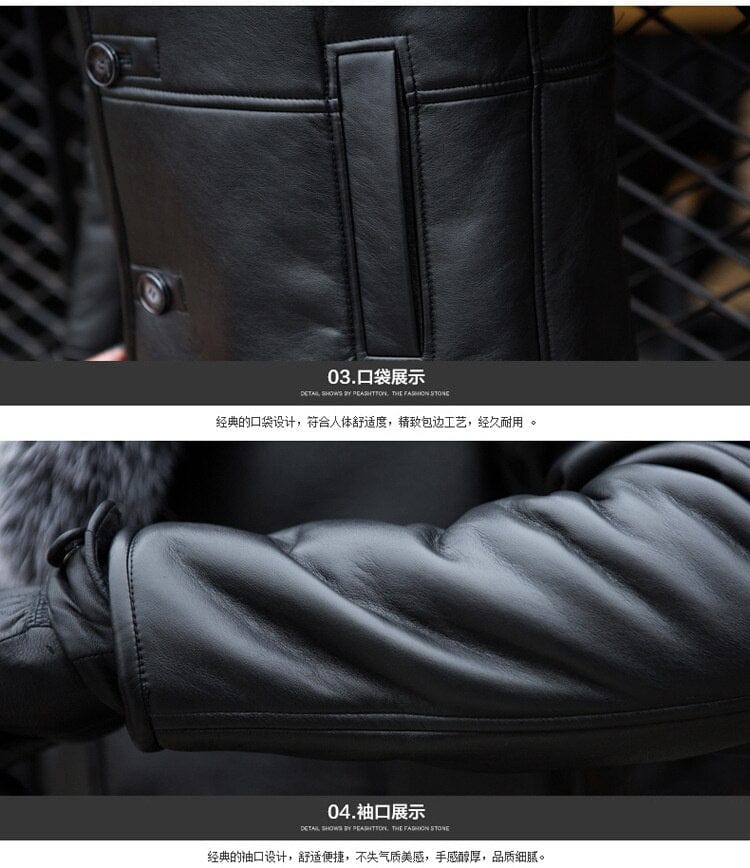 Men's Shearling Leather Long Coat with Faux Fur Collar