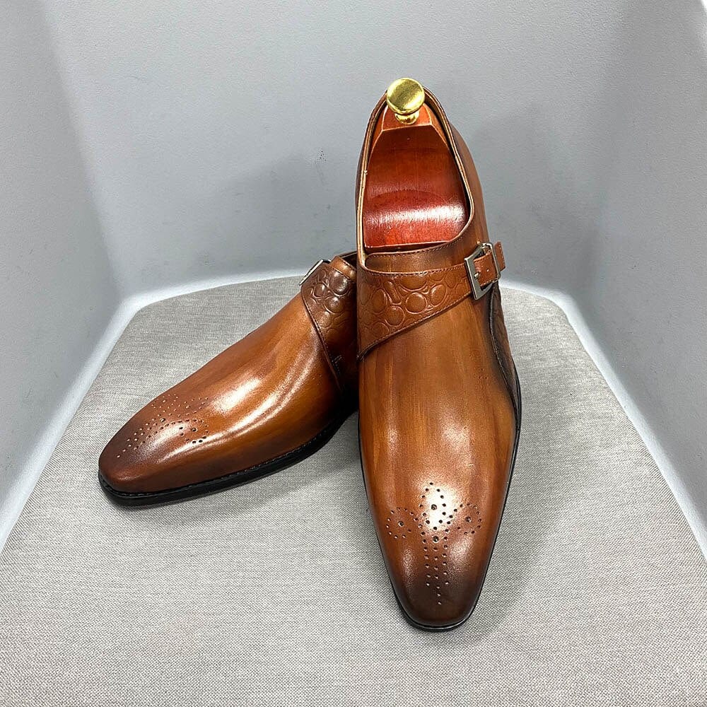 Men's Alligator Print Calf Leather Monk Strap Dress Shoes