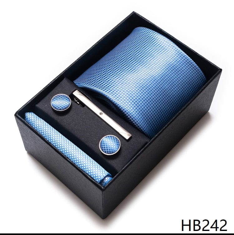 Men's Blue Gold Silk Tie, Handkerchief and Cufflink Set