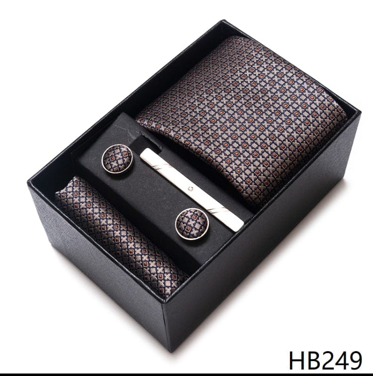 Men's Blue Gold Silk Tie, Handkerchief and Cufflink Set