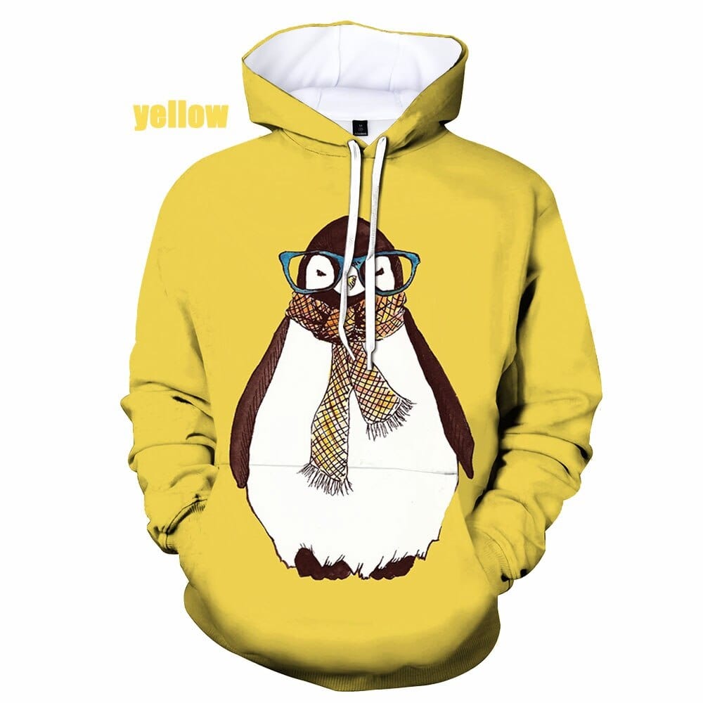 Unisex 3D Cute Penguin Print Pullover Hoodie, XS-5XL