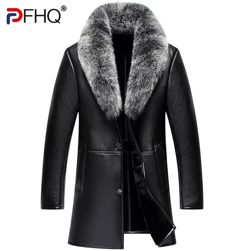 Men's Shearling Leather Long Coat with Faux Fur Collar