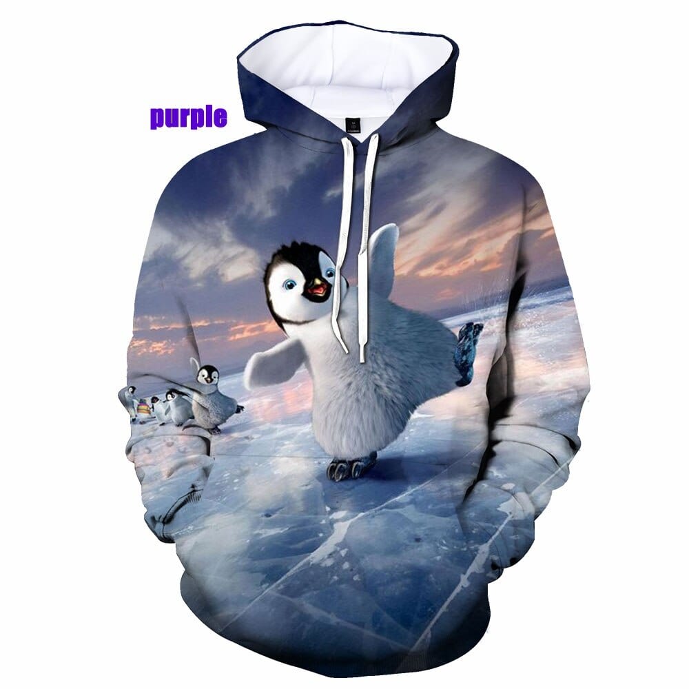 Unisex 3D Cute Penguin Print Pullover Hoodie, XS-5XL
