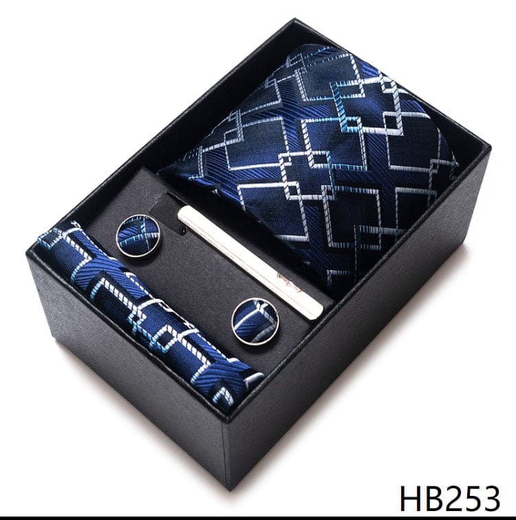 Men's Blue Gold Silk Tie, Handkerchief and Cufflink Set