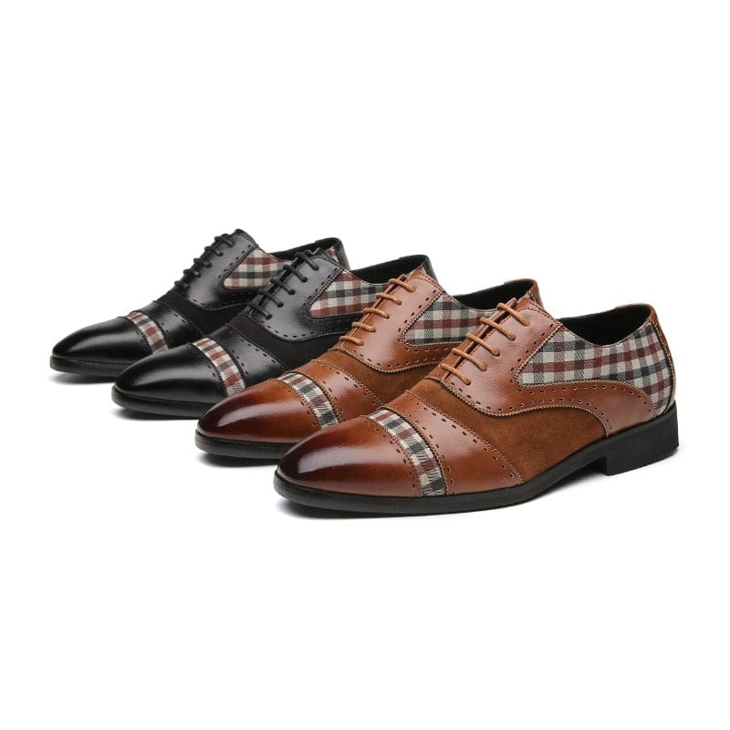 Men's Brown Black Patchwork Brogue Lace-Up Dress Shoes