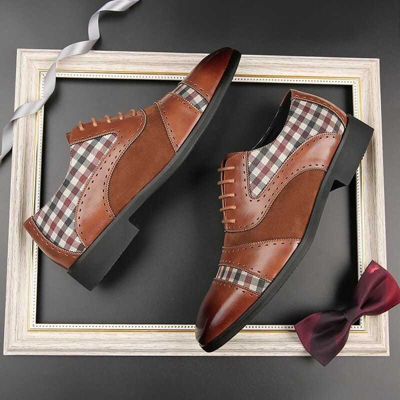 Men's Brown Black Patchwork Brogue Lace-Up Dress Shoes