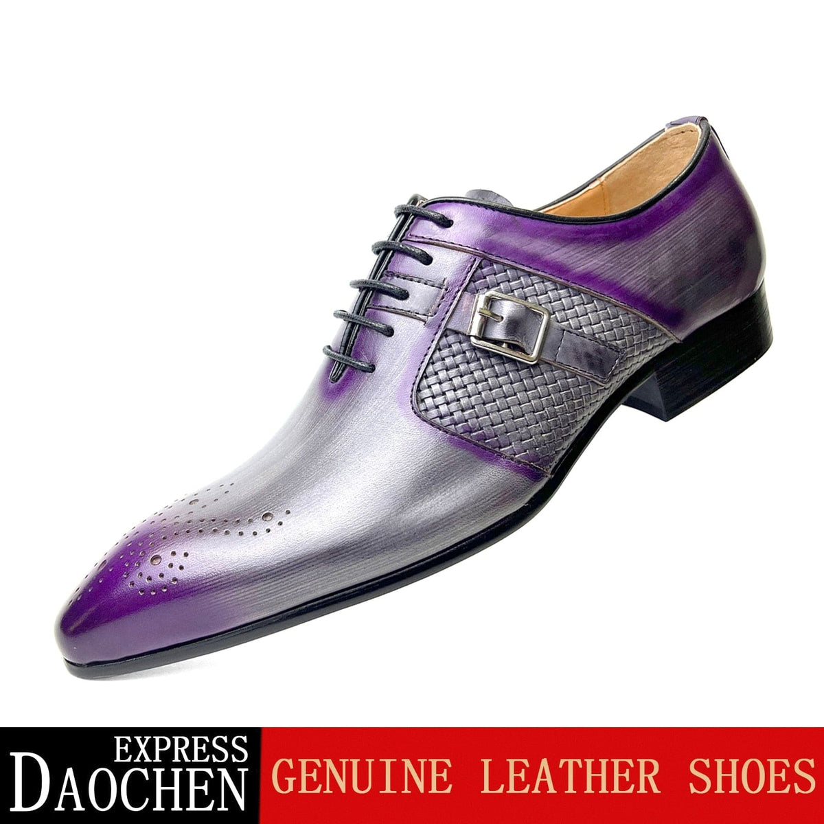 Men's Purple Mixed-Color Leather Pointed Brogue Oxford Dress Shoes
