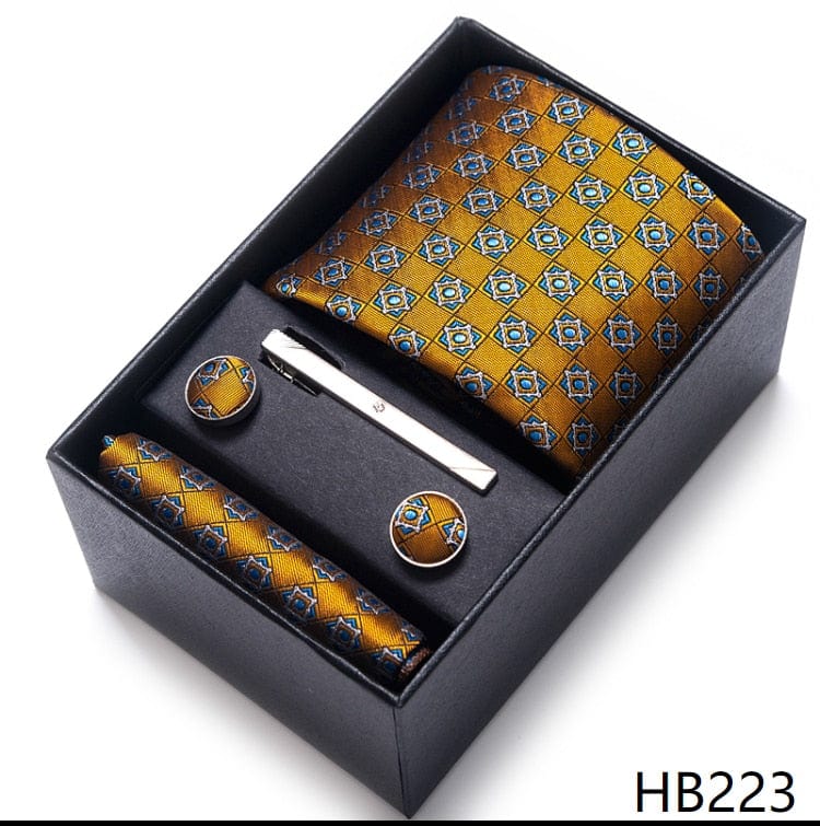 Men's Blue Gold Silk Tie, Handkerchief and Cufflink Set
