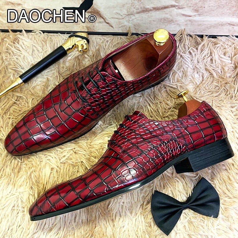 Men's Red Black Printed Leather Pointed Derby Oxford Dress Shoes