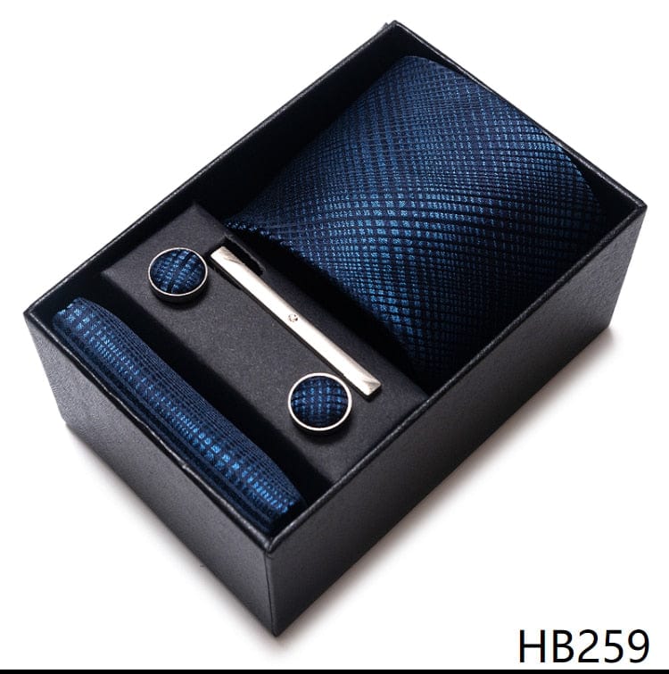 Men's Blue Gold Silk Tie, Handkerchief and Cufflink Set
