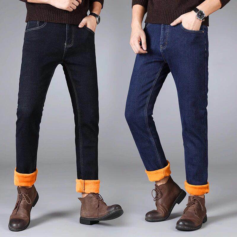 Men's Winter Warm Thick Slim Stretch Denim Jeans, Plus Size 38-40