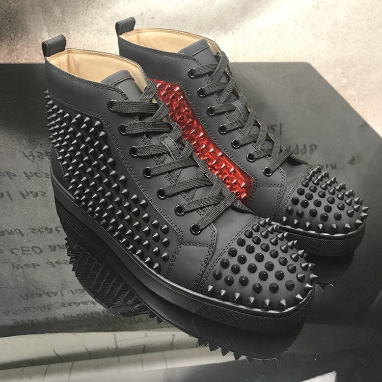 Men's Red-Sole High-Top Printed Leather Casual Black Sneakers