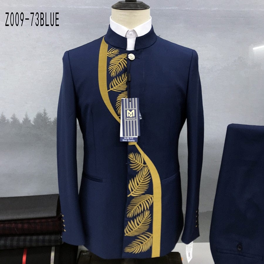 Men's Chinese Stand Collar Tunic Blazer and Pants Two-Piece Set