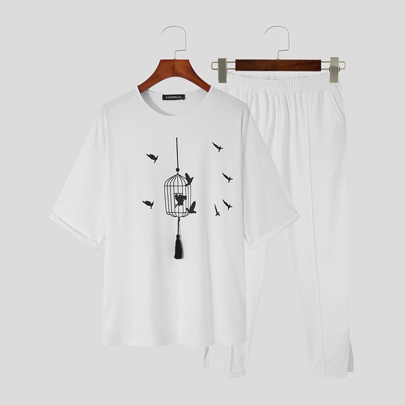 Men's Print Short Sleeve Shirt and Pants Holiday Two-Piece Set