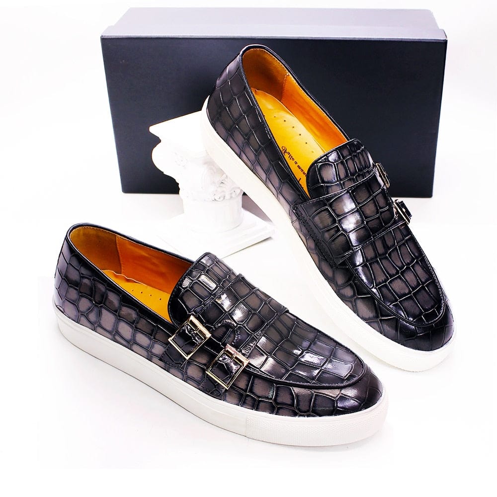 Men's Crocodile Print Monk Strap Slip-On Loafer Mules Gray Blue