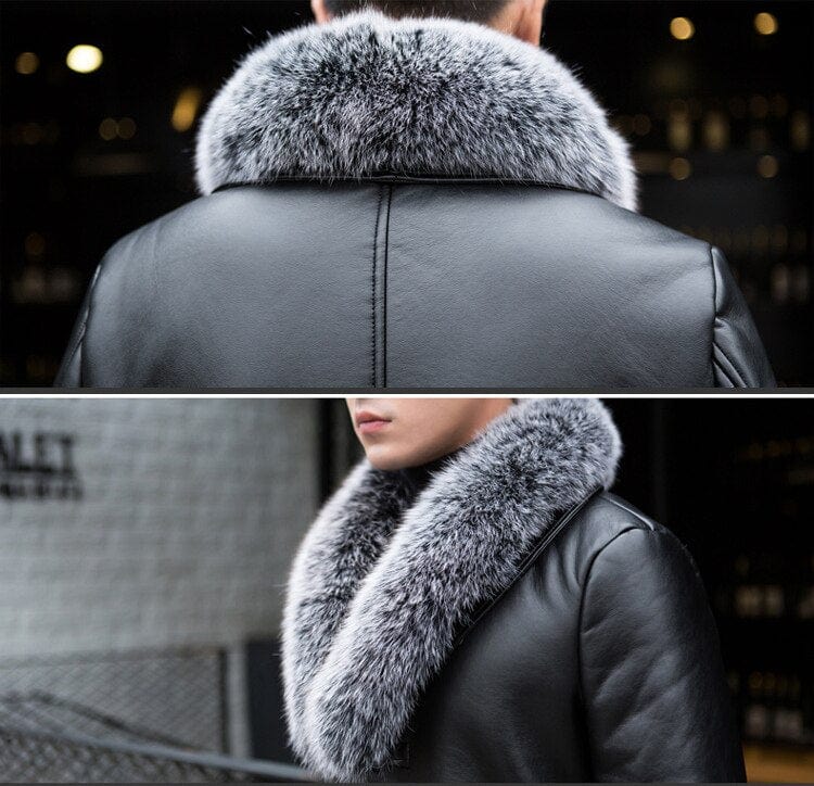 Men's Shearling Leather Long Coat with Faux Fur Collar