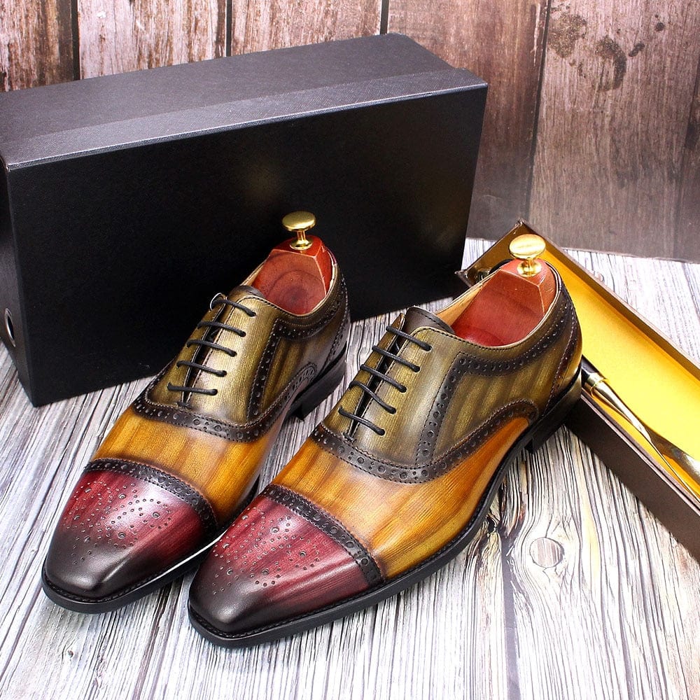 Men's Handmade Calf Leather Cap Toe Oxford Brogue Dress Shoes