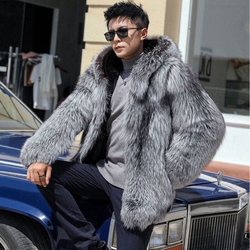 Men's Hooded Faux Fur Plush Winter Coat Windbreaker