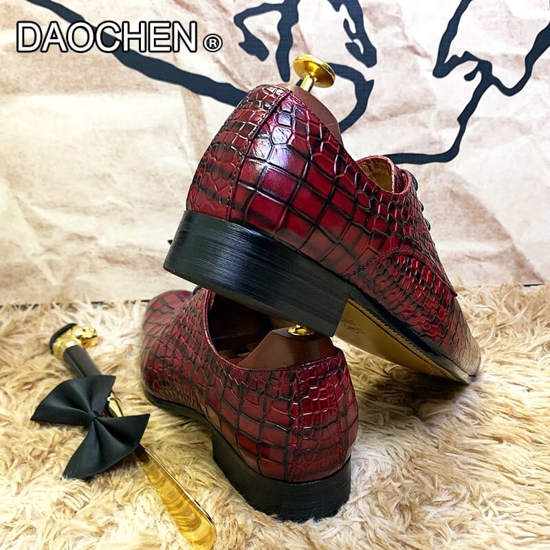 Men's Red Black Printed Leather Pointed Derby Oxford Dress Shoes