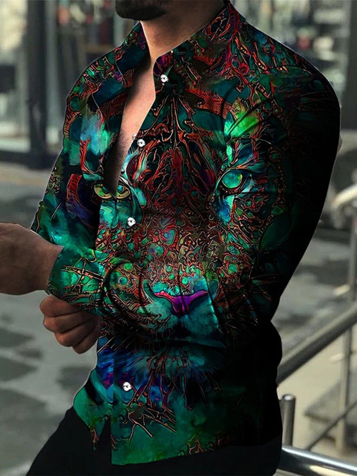 Men's Printed Green Long Sleeve Shirt