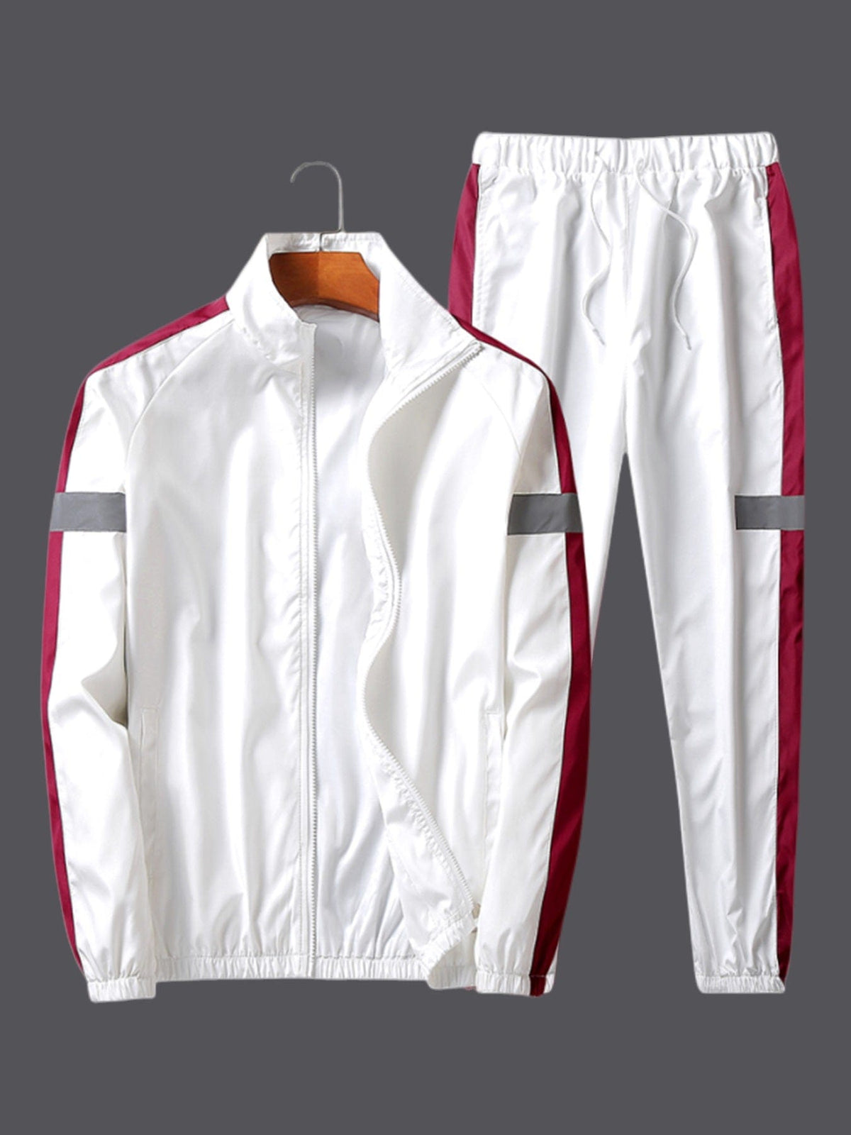 Men's cropped cardigan jacket and pants sportswear set white maroon flat lay