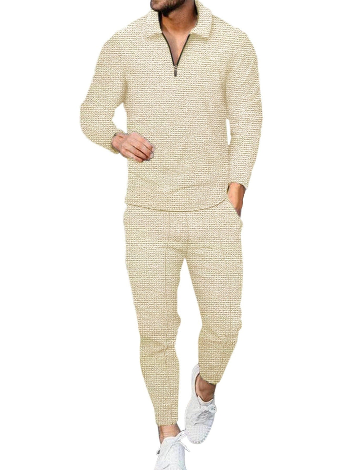 Men's Khaki Lapel Polo & Drawstring Pants Set