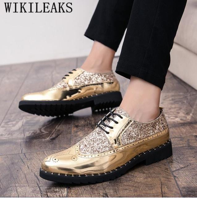Men's Gold Patent Leather Brogue Oxford Dress Shoes