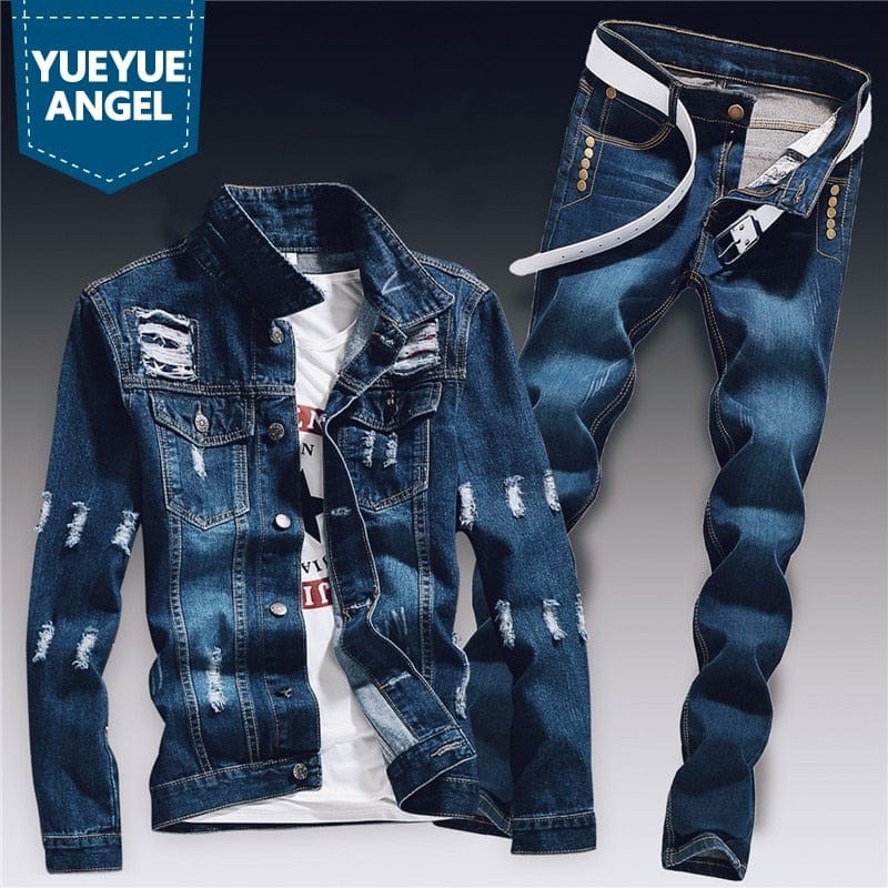 Men's Ripped Slim-Fit Denim Jacket and Jeans Two-Piece Set