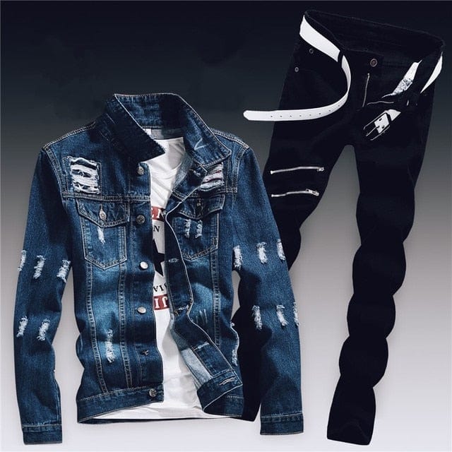 Men's Ripped Slim-Fit Denim Jacket and Jeans Two-Piece Set