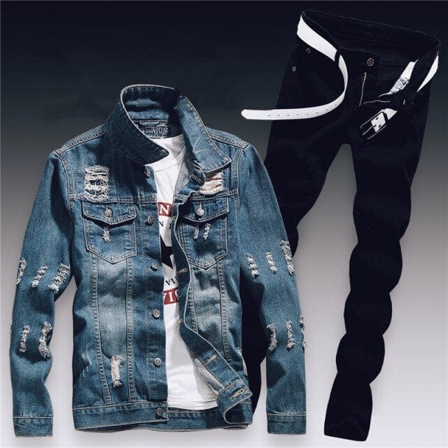 Men's Ripped Slim-Fit Denim Jacket and Jeans Two-Piece Set