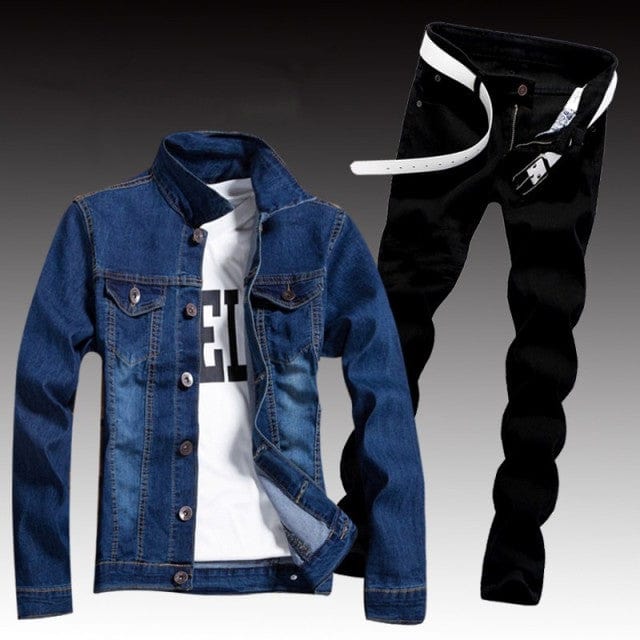 Men's Ripped Slim-Fit Denim Jacket and Jeans Two-Piece Set