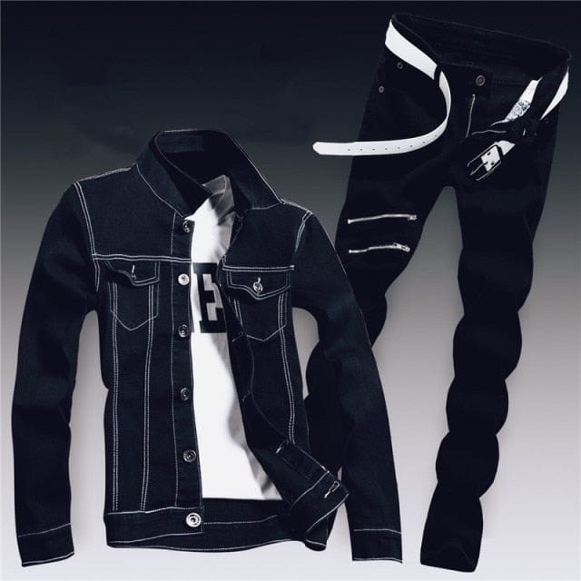 Men's Ripped Slim-Fit Denim Jacket and Jeans Two-Piece Set