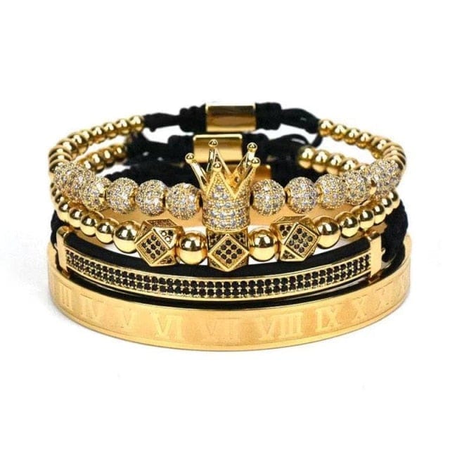 Men's 4pc Crown Charm Macrame Bead Bracelet Set