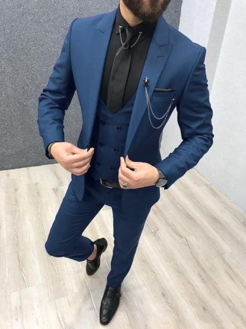 2020 Three Piece Royal Blue Men Suits Peaked Lapel Custom Made Wedding Tuxedos Slim Fit Male Suits (Jacket + Pants + Vest+Tie)
