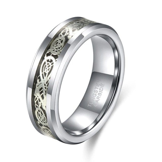Men's 6/8mm Silver Tungsten Carbide Wedding Band, Dragon Inlay Ring