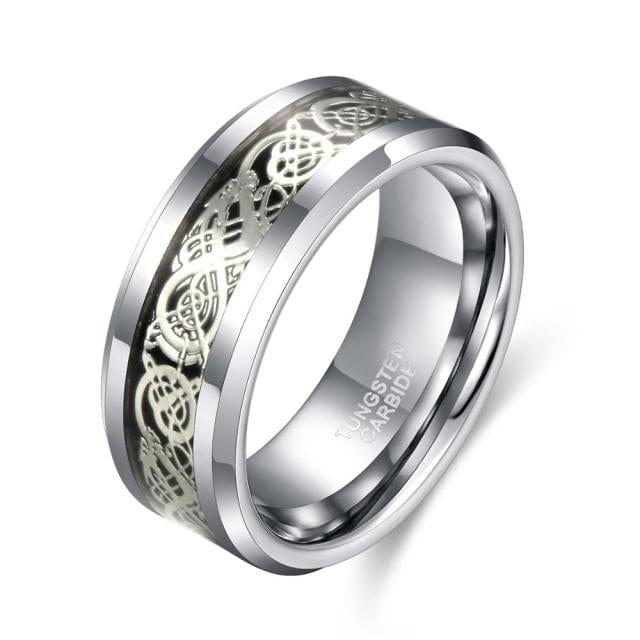 Men's 6/8mm Silver Tungsten Carbide Wedding Band, Dragon Inlay Ring
