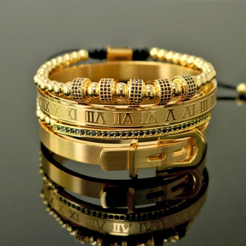 Men's 4-Piece Titanium Steel Roman Numeral Horseshoe Bracelet Set