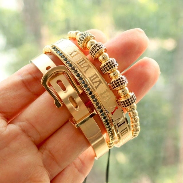 Men's 4-Piece Titanium Steel Roman Numeral Horseshoe Bracelet Set