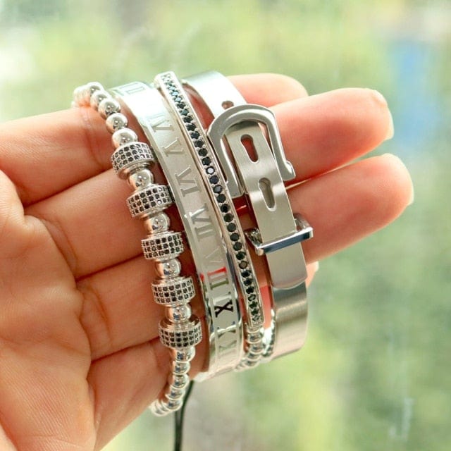 Men's 4-Piece Titanium Steel Roman Numeral Horseshoe Bracelet Set