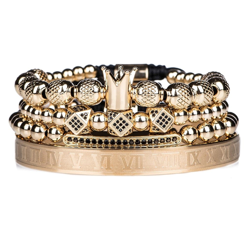 Men's Gold Crown Roman Numeral Braided Bracelet