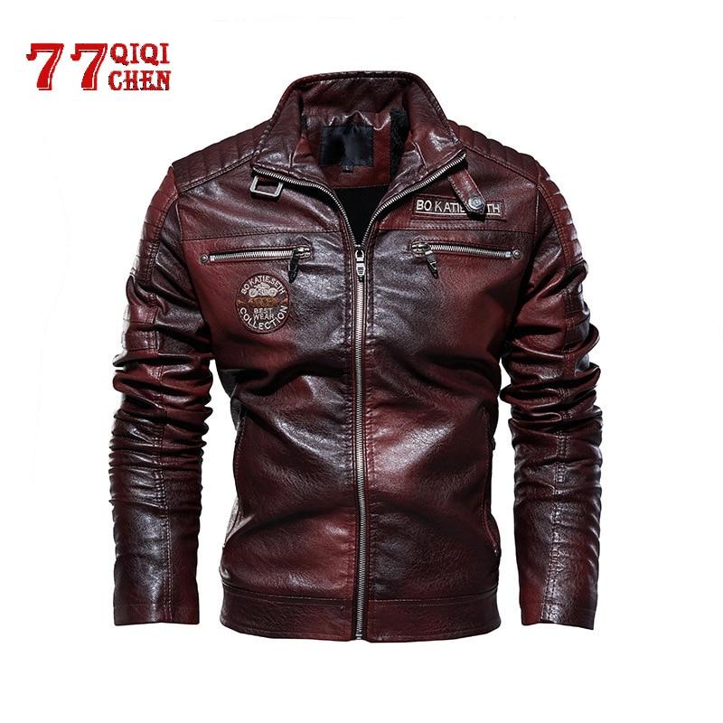 Leather Jacket Men Winter fleece Motorcycle PU Leahter jacket Male Stand Collar Casual Windbreaker ropa de hombre Slim Coat