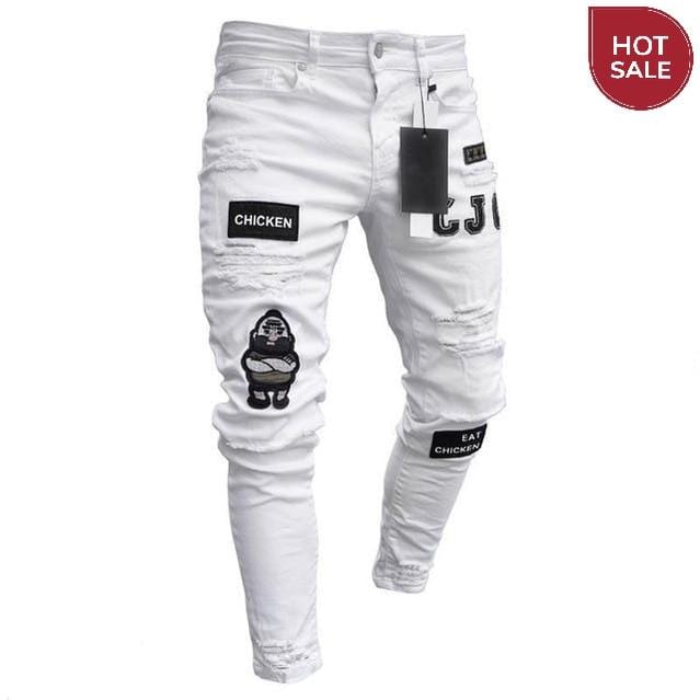 Men's Slim Distressed Jeans — Embroidered Denim