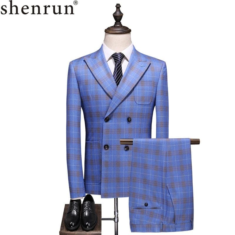 Men's Slim-Fit Plaid Double-Breasted Six-Button Business Suit